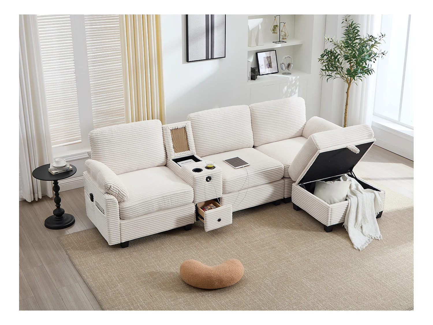 4-zits hoekbank - Modulaire bank - Middenconsole met twee USB-poorten (USB + Type-C) - Voetensteun met opbergruimte - Voor woonkamer, kantoor