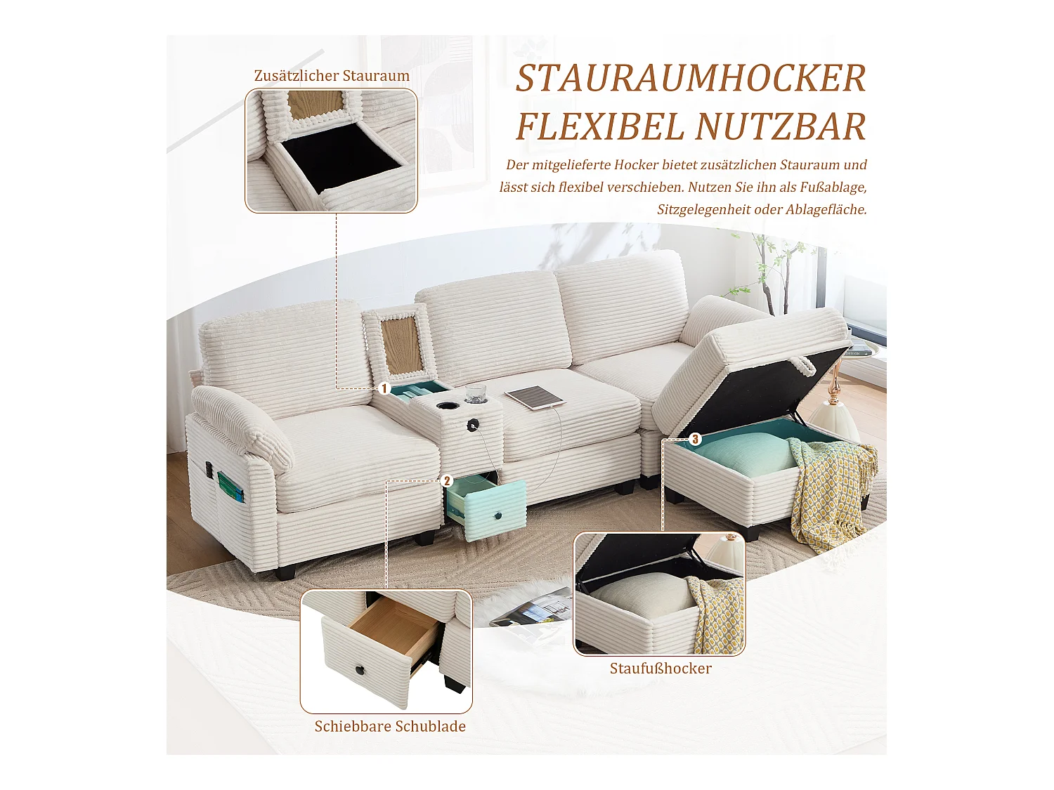 4-zits hoekbank - Modulaire bank - Middenconsole met twee USB-poorten (USB + Type-C) - Voetensteun met opbergruimte - Voor woonkamer, kantoor