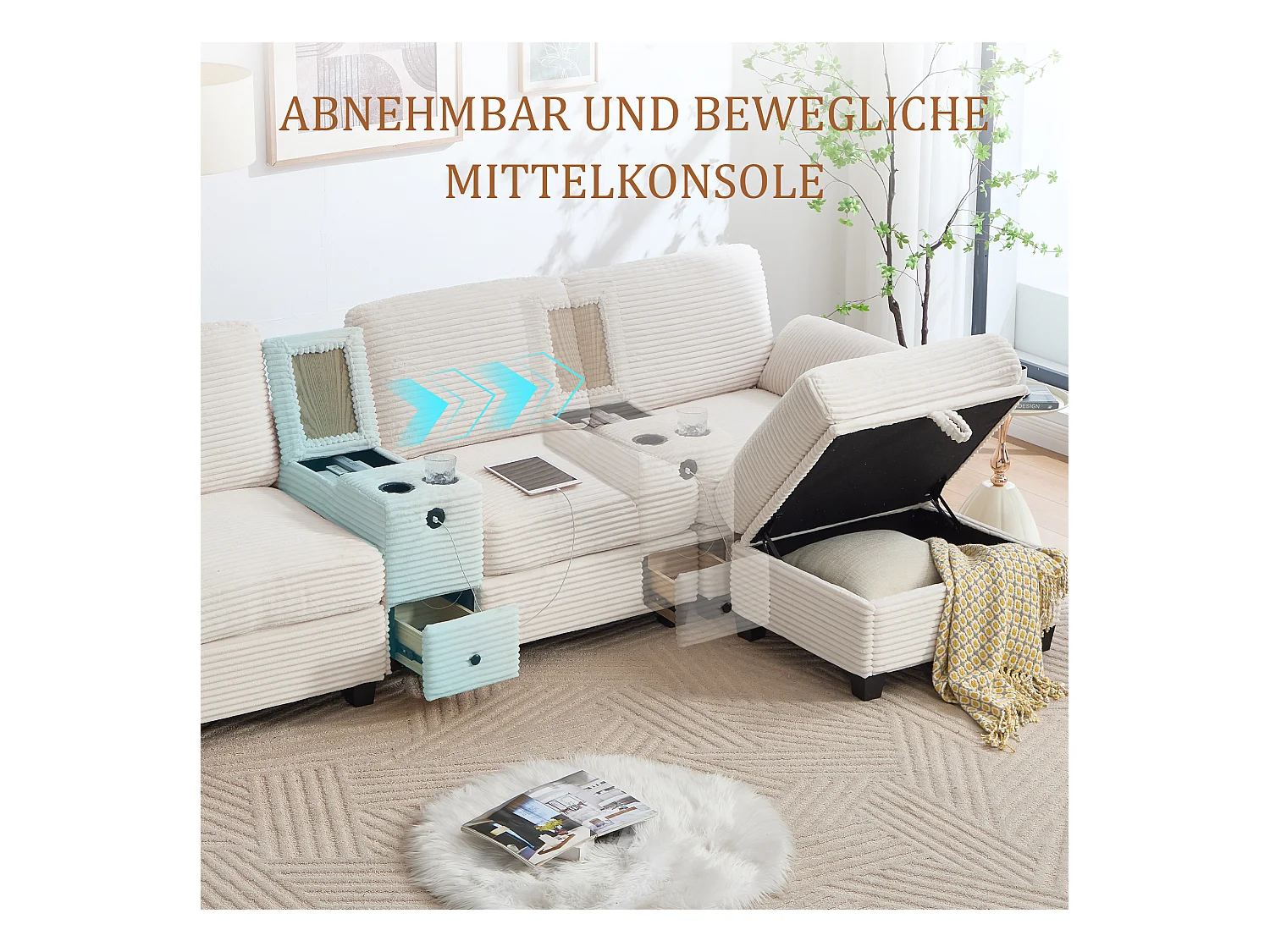 4-zits hoekbank - Modulaire bank - Middenconsole met twee USB-poorten (USB + Type-C) - Voetensteun met opbergruimte - Voor woonkamer, kantoor