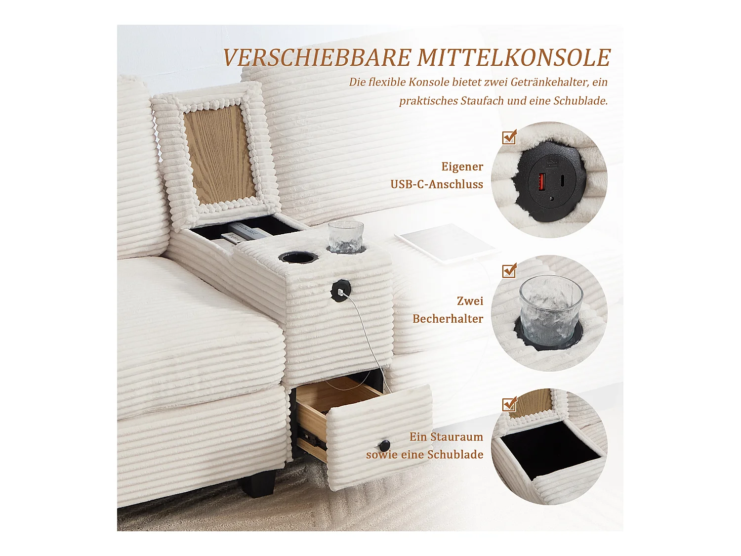 4-zits hoekbank - Modulaire bank - Middenconsole met twee USB-poorten (USB + Type-C) - Voetensteun met opbergruimte - Voor woonkamer, kantoor