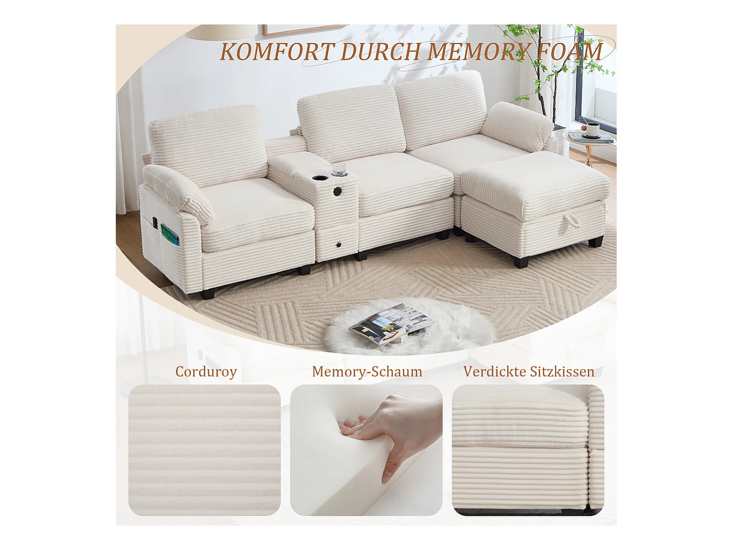 4-zits hoekbank - Modulaire bank - Middenconsole met twee USB-poorten (USB + Type-C) - Voetensteun met opbergruimte - Voor woonkamer, kantoor