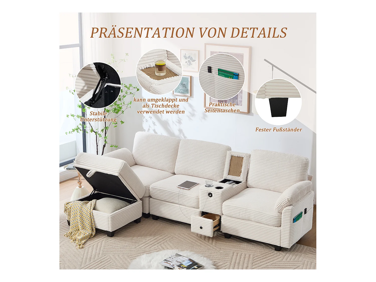 4-zits hoekbank - Modulaire bank - Middenconsole met twee USB-poorten (USB + Type-C) - Voetensteun met opbergruimte - Voor woonkamer, kantoor