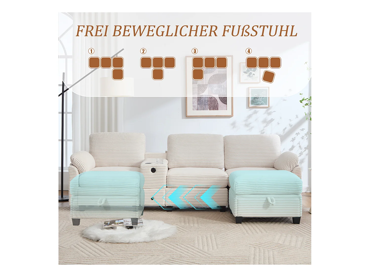 4-zits hoekbank - Modulaire bank - Middenconsole met twee USB-poorten (USB + Type-C) - Voetensteun met opbergruimte - Voor woonkamer, kantoor