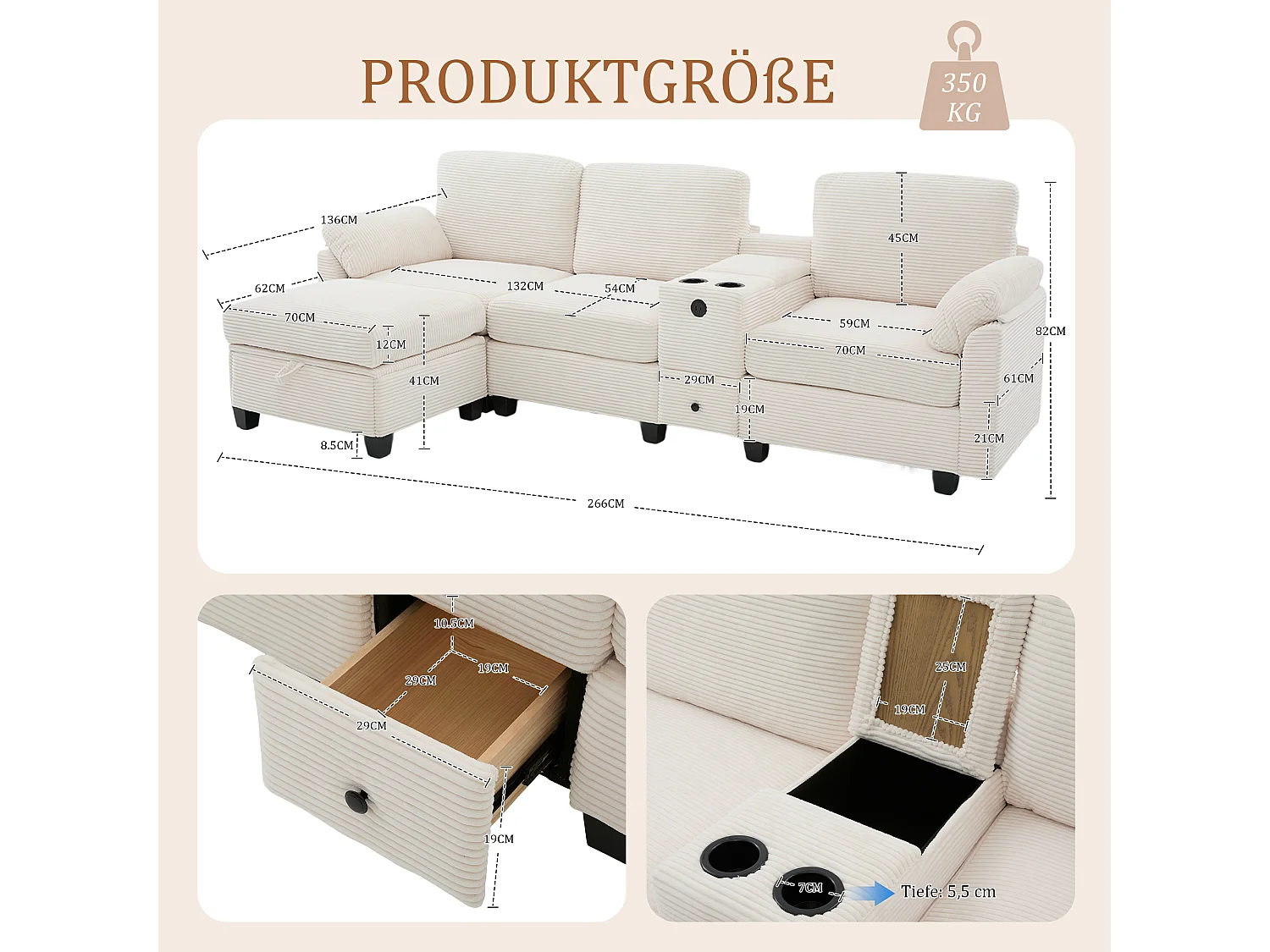 Canapé d'Angle 4 Places - Canapé modulable - Console Centrale Double Port USB (USB + Type-C) - Repose-Pieds Rangement - Pour Salon, Bureau