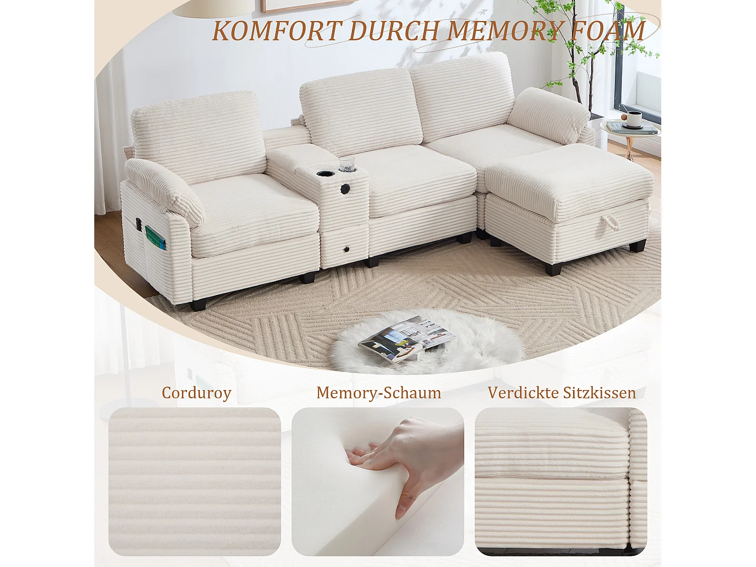 Canapé d'Angle 4 Places - Canapé modulable - Console Centrale Double Port USB (USB + Type-C) - Repose-Pieds Rangement - Pour Salon, Bureau