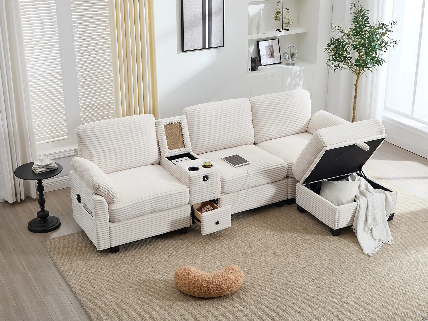 Canapé d'Angle 4 Places - Canapé modulable - Console Centrale Double Port USB (USB + Type-C) - Repose-Pieds Rangement - Pour Salon, Bureau