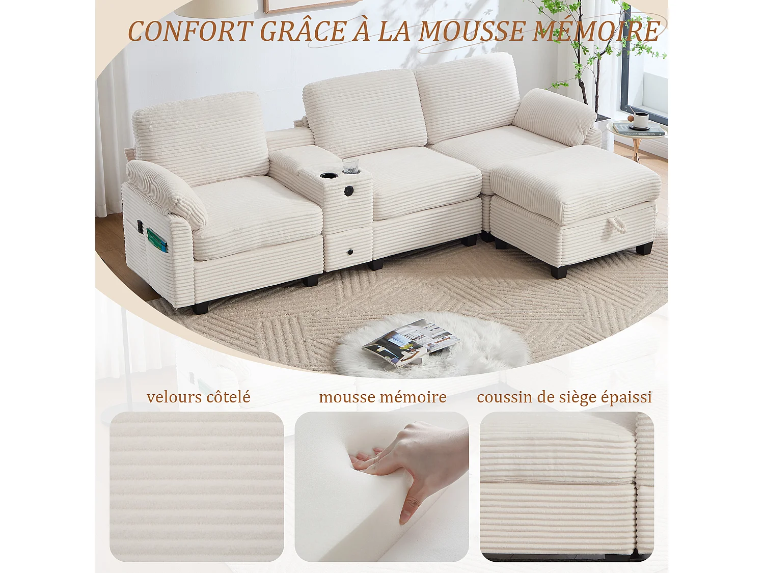 Canapé d'Angle 4 Places - Canapé modulable - Console Centrale Double Port USB (USB + Type-C) - Repose-Pieds Rangement - Pour Salon, Bureau