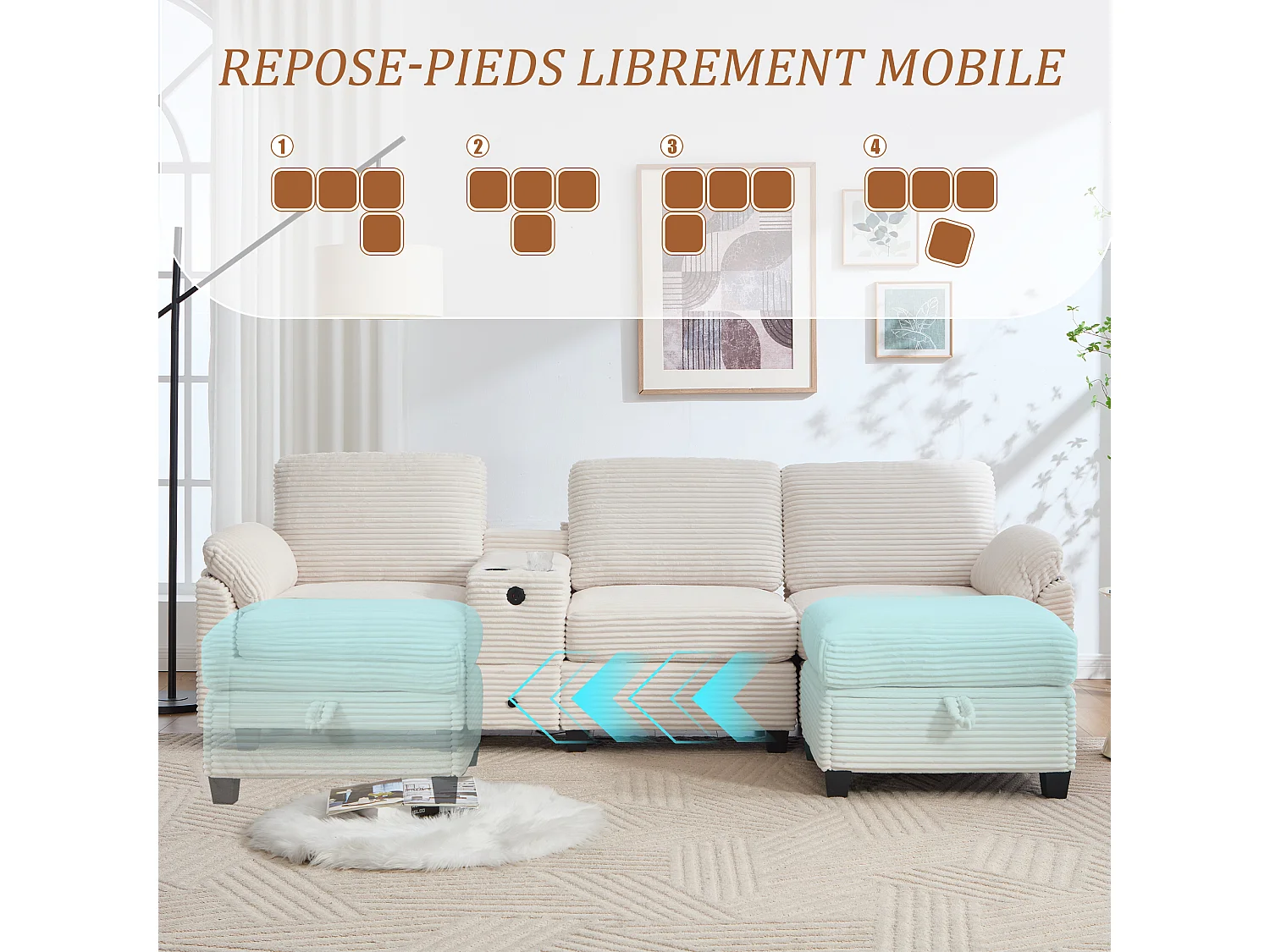 Canapé d'Angle 4 Places - Canapé modulable - Console Centrale Double Port USB (USB + Type-C) - Repose-Pieds Rangement - Pour Salon, Bureau