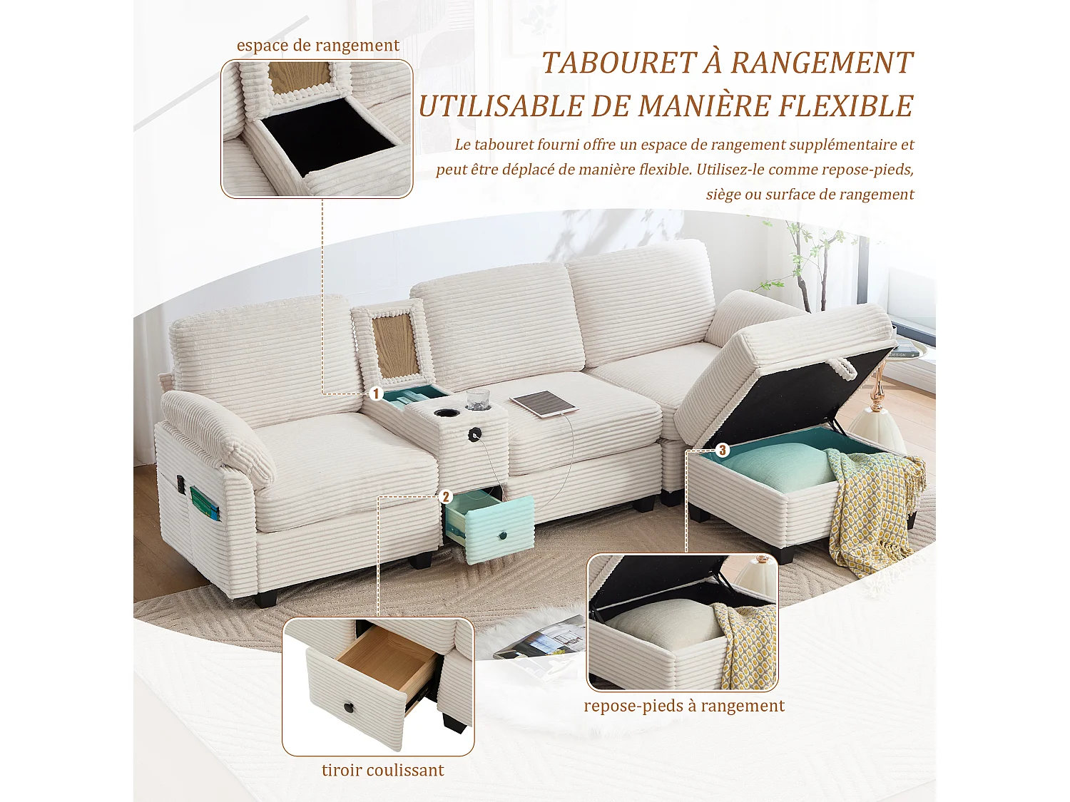 Canapé d'Angle 4 Places - Canapé modulable - Console Centrale Double Port USB (USB + Type-C) - Repose-Pieds Rangement - Pour Salon, Bureau