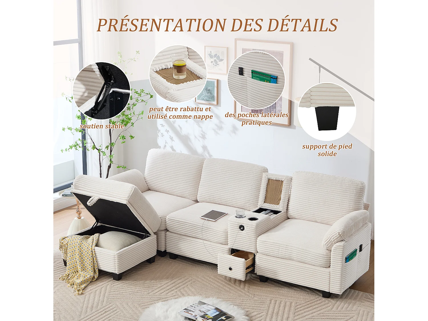 Canapé d'Angle 4 Places - Canapé modulable - Console Centrale Double Port USB (USB + Type-C) - Repose-Pieds Rangement - Pour Salon, Bureau