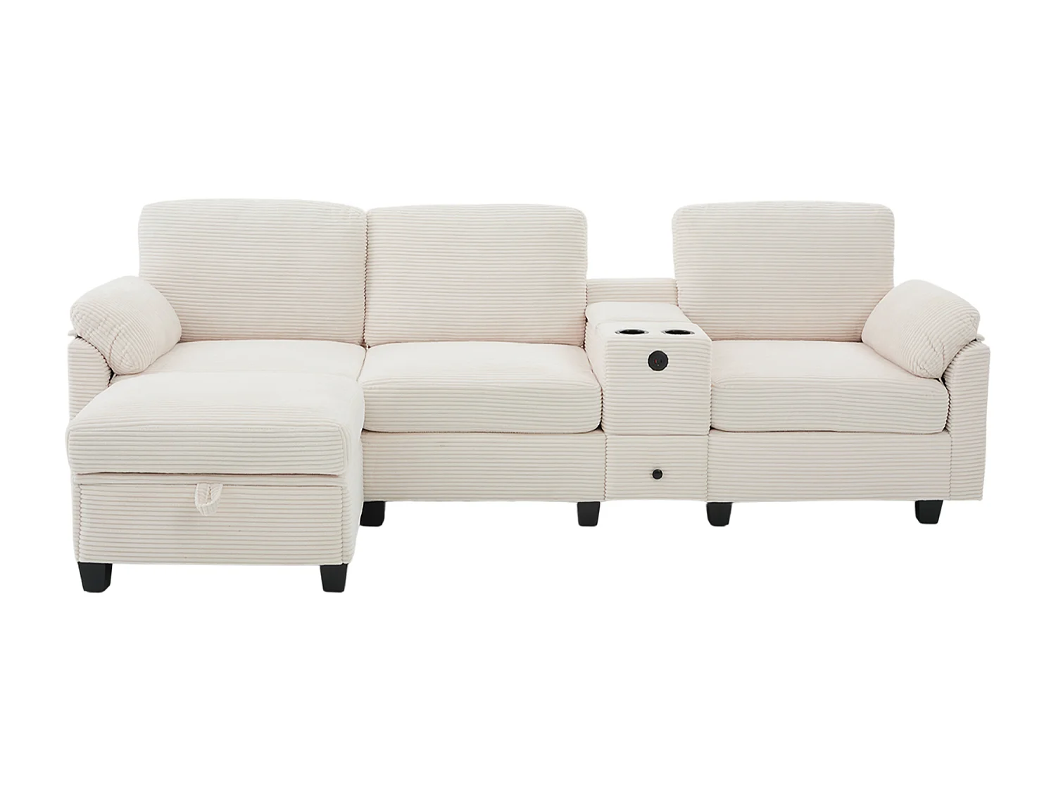 Canapé d'Angle 4 Places - Canapé modulable - Console Centrale Double Port USB (USB + Type-C) - Repose-Pieds Rangement - Pour Salon, Bureau
