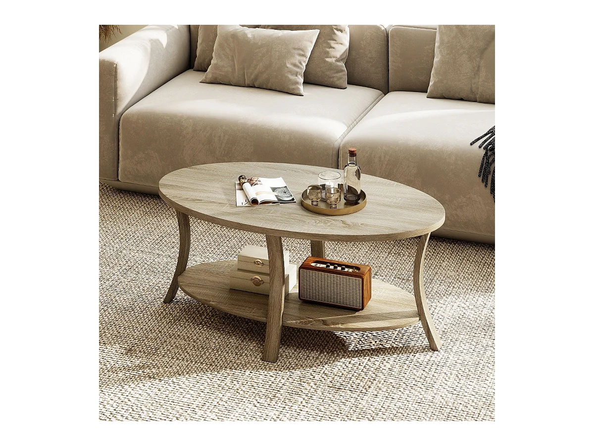 Ovaler Couchtisch mit Ablage Wohnzimmertisch 2-stöckiger Beistelltisch Sofatisch Kaffeetisch Eiche