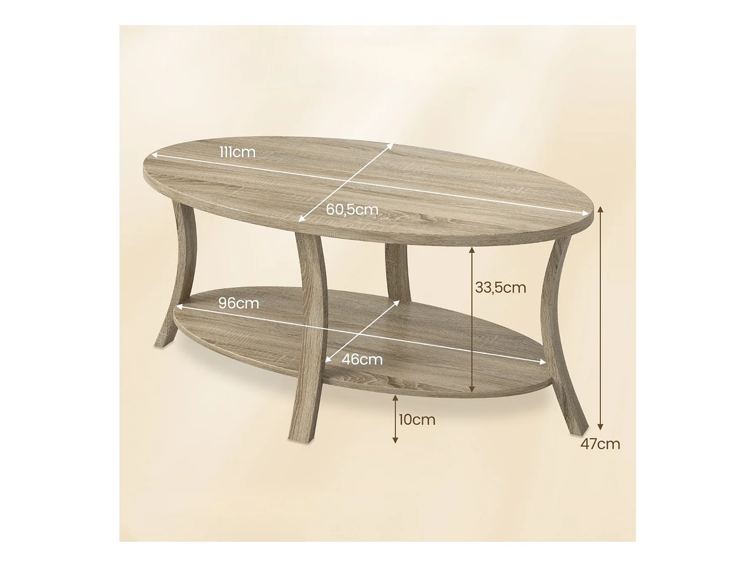 Ovaler Couchtisch mit Ablage Wohnzimmertisch 2-stöckiger Beistelltisch Sofatisch Kaffeetisch Eiche
