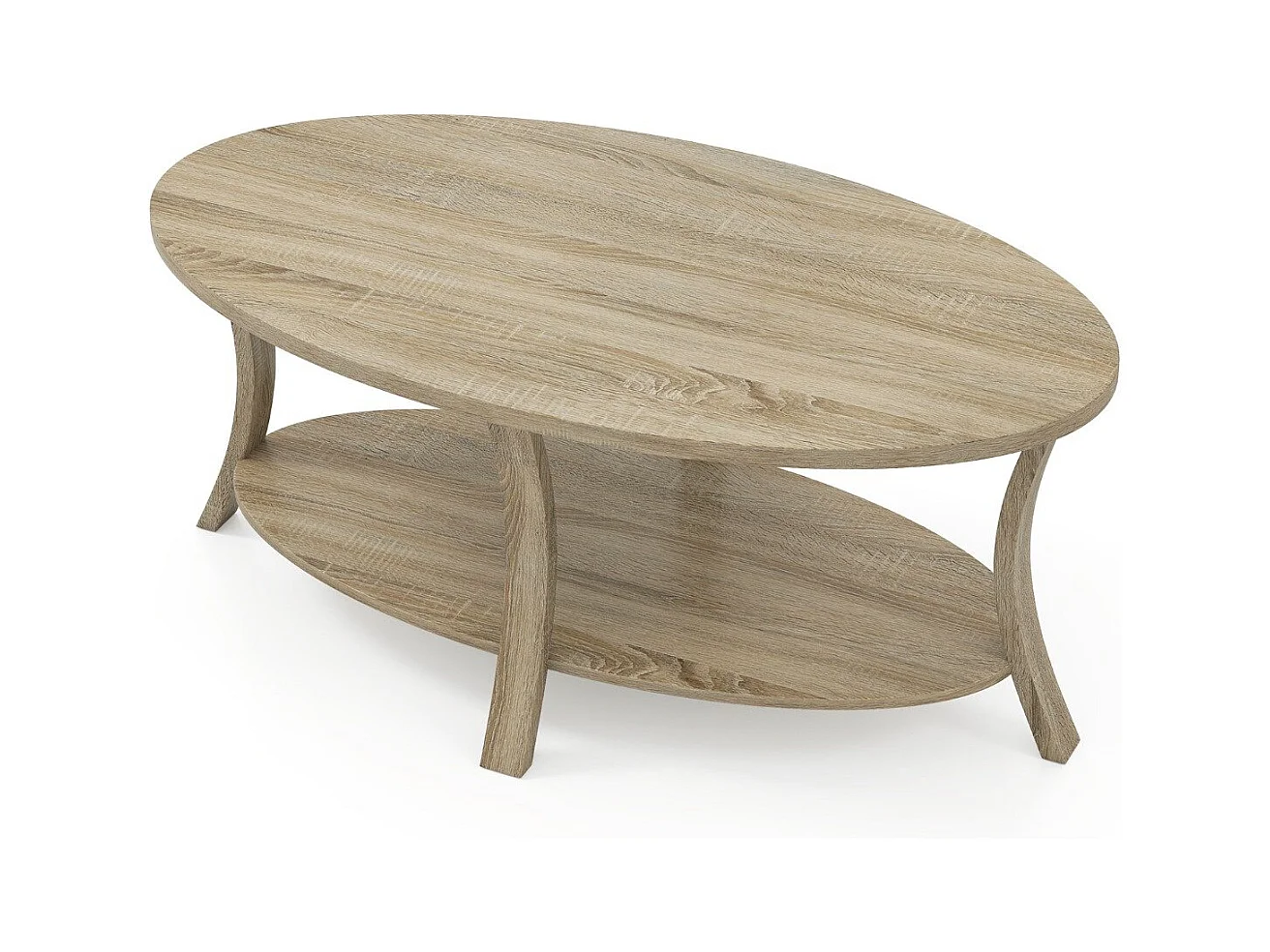 Ovaler Couchtisch mit Ablage Wohnzimmertisch 2-stöckiger Beistelltisch Sofatisch Kaffeetisch Eiche