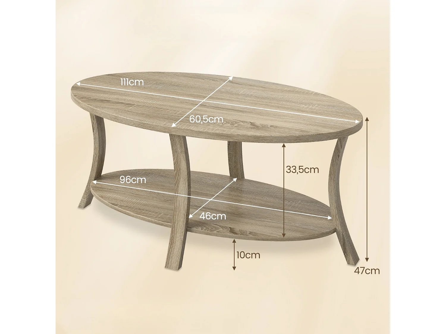 Ovaler Couchtisch mit Ablage Wohnzimmertisch 2-stöckiger Beistelltisch Sofatisch Kaffeetisch Eiche