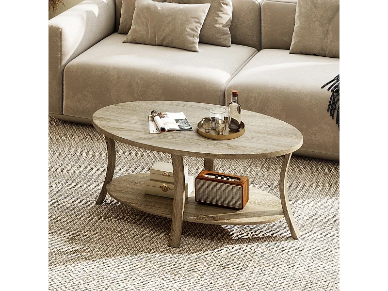 Ovaler Couchtisch mit Ablage Wohnzimmertisch 2-stöckiger Beistelltisch Sofatisch Kaffeetisch Eiche