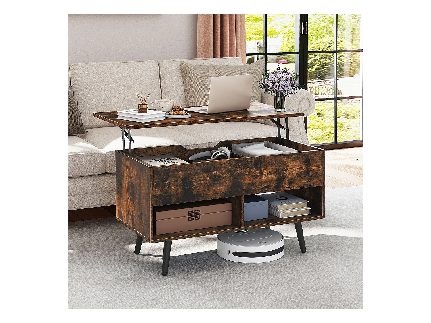 Tavolino da caffè moderno con scomparto nascosto e 2 scaffali aperti, Tavolino per soggiorno in legno Marrone