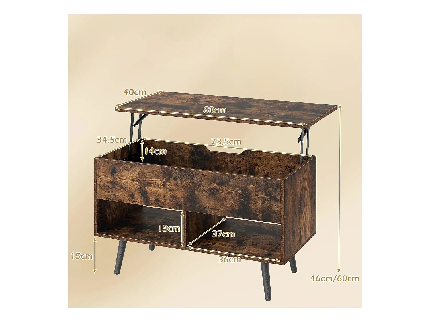 Tavolino da caffè moderno con scomparto nascosto e 2 scaffali aperti, Tavolino per soggiorno in legno Marrone