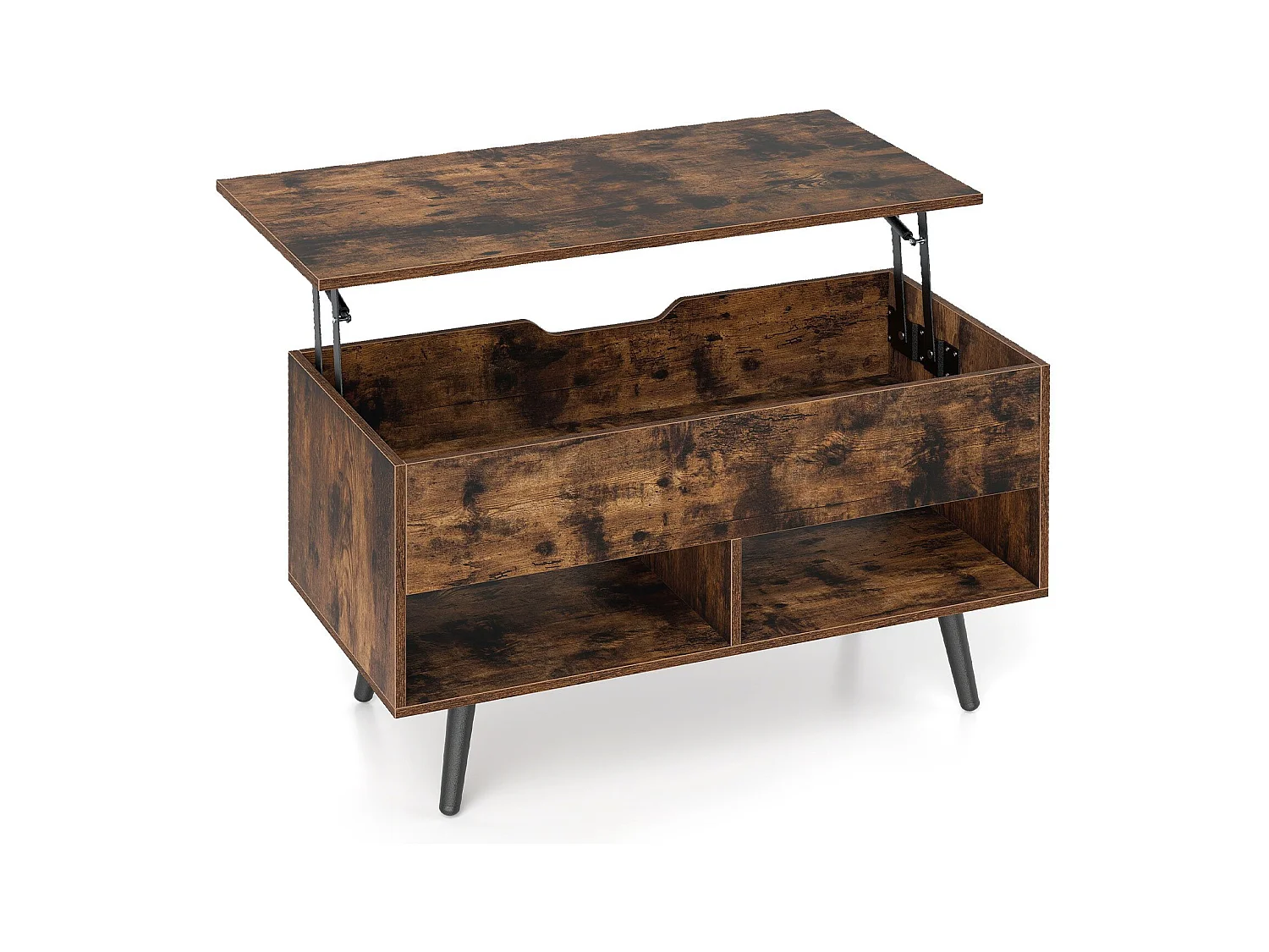 Tavolino da caffè moderno con scomparto nascosto e 2 scaffali aperti, Tavolino per soggiorno in legno Marrone
