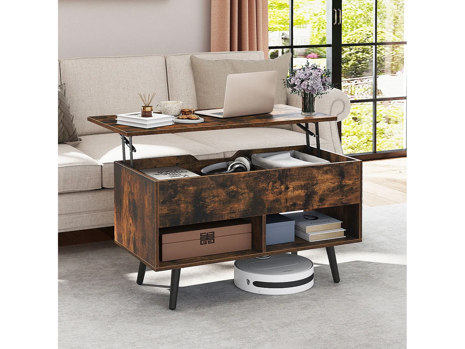 Tavolino da caffè moderno con scomparto nascosto e 2 scaffali aperti, Tavolino per soggiorno in legno Marrone