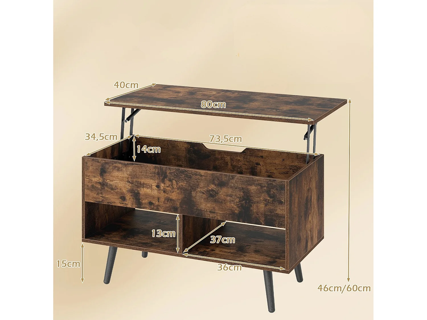 Tavolino da caffè moderno con scomparto nascosto e 2 scaffali aperti, Tavolino per soggiorno in legno Marrone