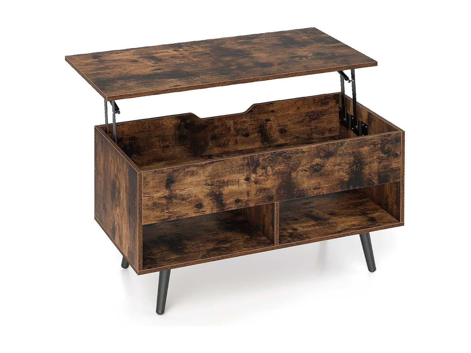 Tavolino da caffè moderno con scomparto nascosto e 2 scaffali aperti, Tavolino per soggiorno in legno Marrone