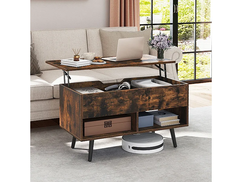 Table Basse Relevable avec 2 Compartiments et Rangement Caché Table Basse Salon à Pieds en Bois de Pin avec Levage Pneumatique Café