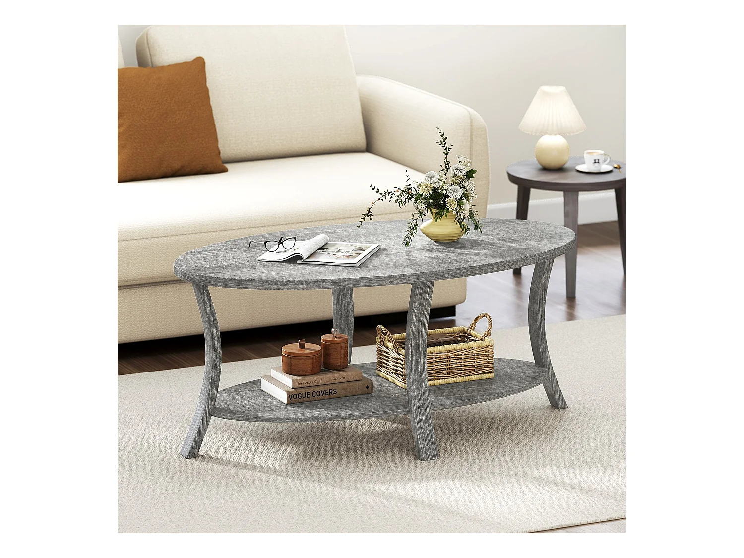 Ovaler Couchtisch mit Ablage Wohnzimmertisch 2-stöckiger Beistelltisch Sofatisch Kaffeetisch Grau