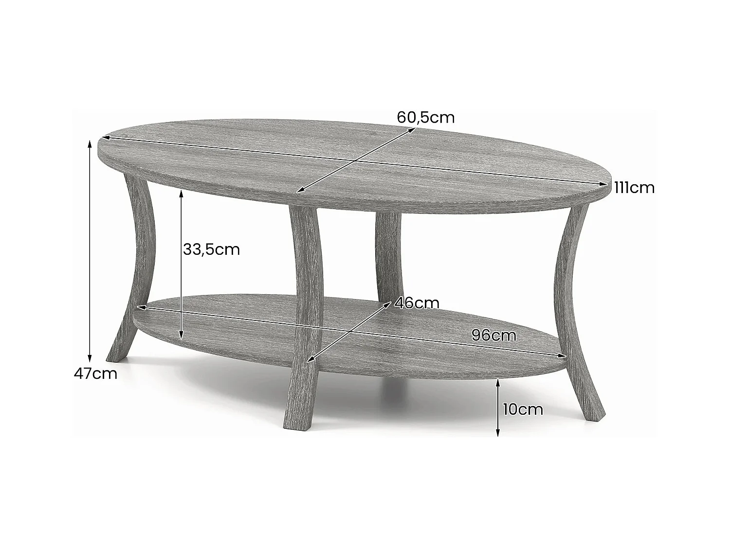 Ovaler Couchtisch mit Ablage Wohnzimmertisch 2-stöckiger Beistelltisch Sofatisch Kaffeetisch Grau