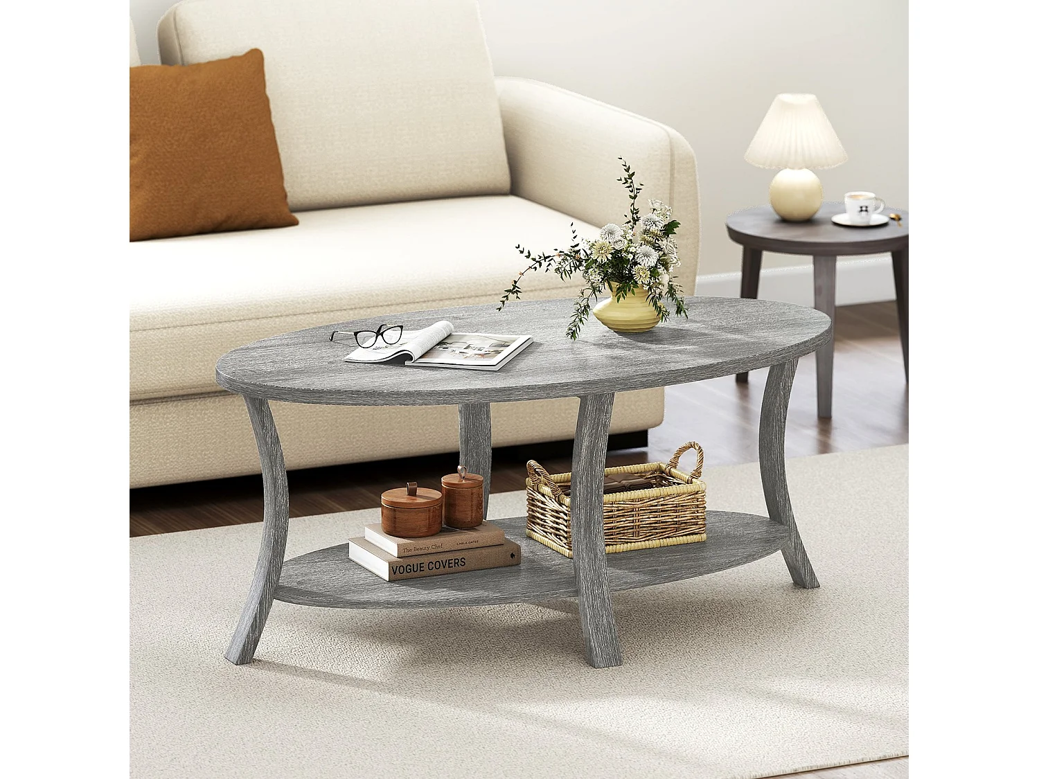 Tavolino centrale a 2 livelli con ripiano di stoccaggio in legno di gomma, Tavolino da caffè ovale per casa e ufficio Grigio