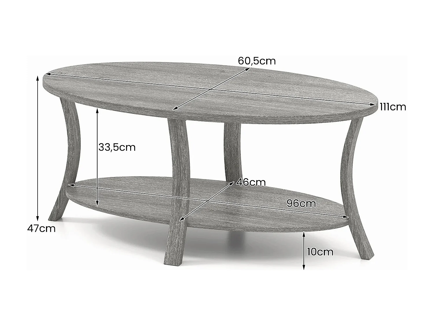 Tavolino centrale a 2 livelli con ripiano di stoccaggio in legno di gomma, Tavolino da caffè ovale per casa e ufficio Grigio