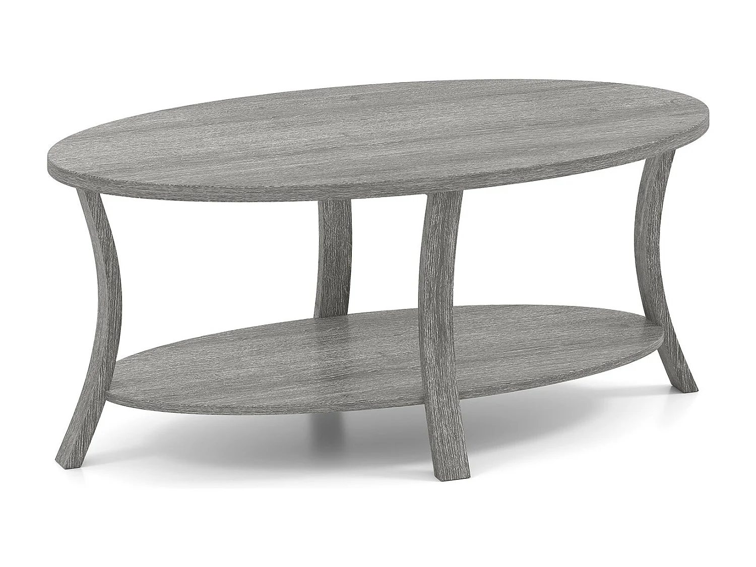 Tavolino centrale a 2 livelli con ripiano di stoccaggio in legno di gomma, Tavolino da caffè ovale per casa e ufficio Grigio