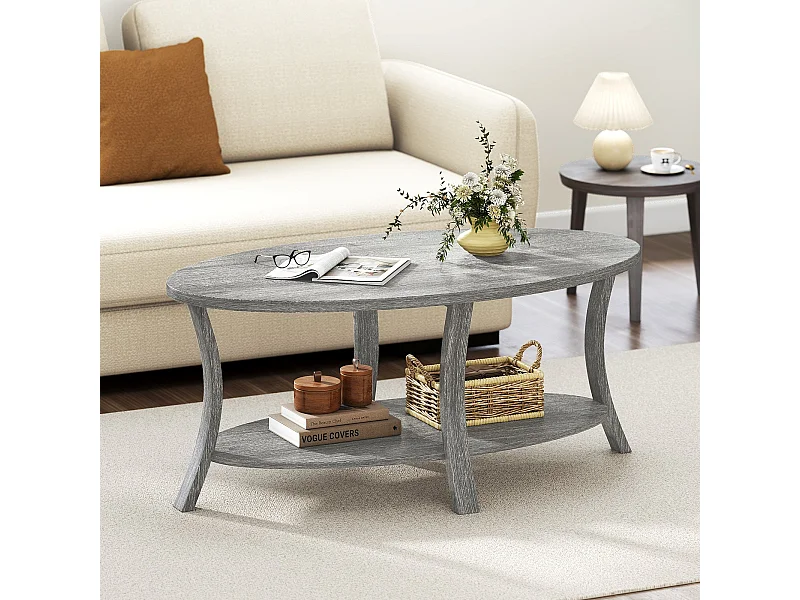 Ovaler Couchtisch mit Ablage Wohnzimmertisch 2-stöckiger Beistelltisch Sofatisch Kaffeetisch Grau