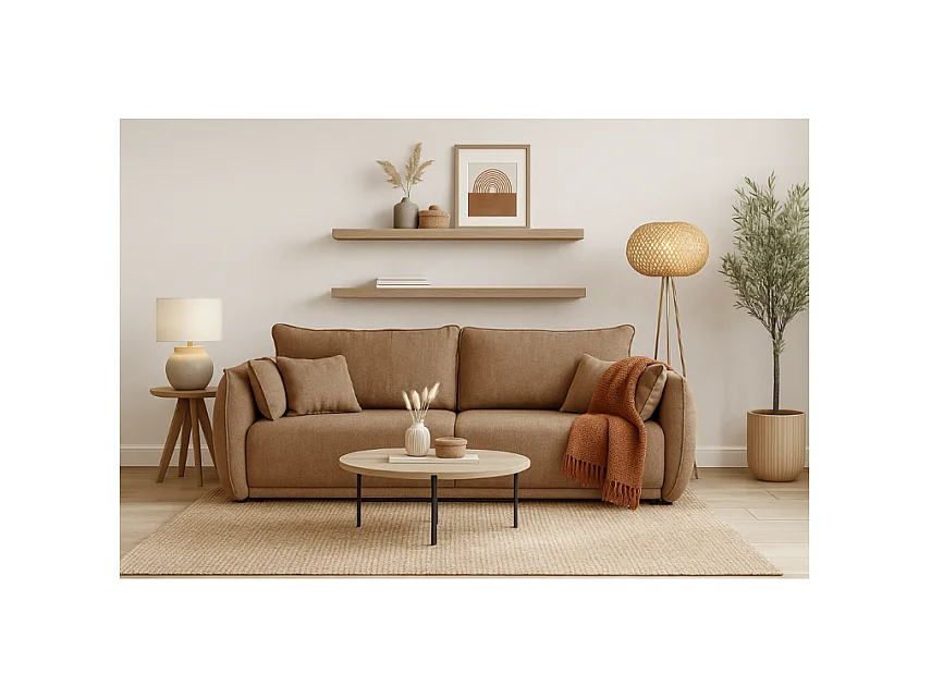 Modernes Sofa Loren mit Schlaffunktion 238x100x90 cm – Stoff Raven 34 hellbarun