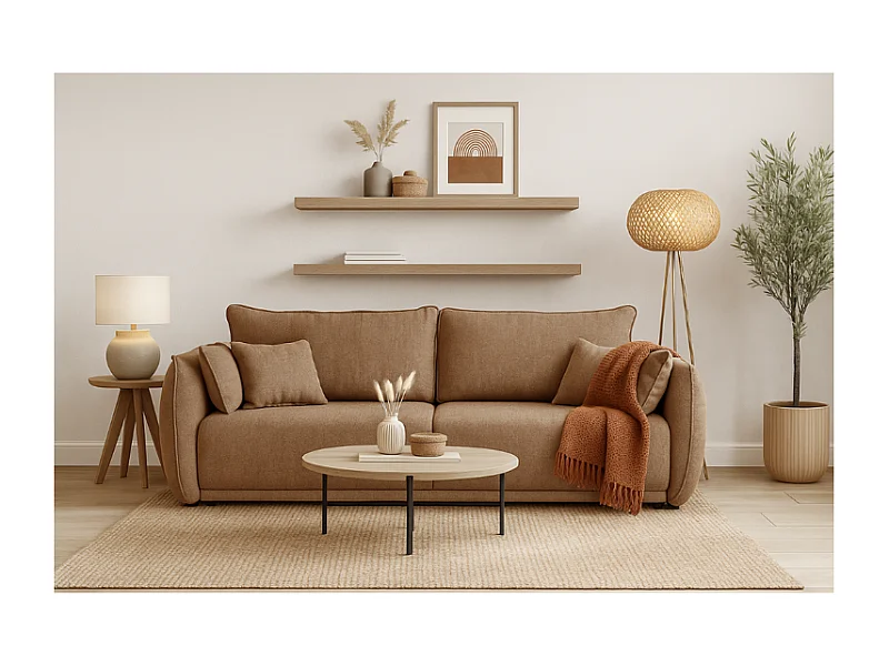 Modernes Sofa Loren mit Schlaffunktion 238x100x90 cm – Stoff Raven 34 hellbarun