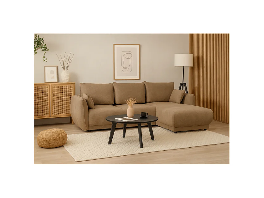 Hoekbank rechts Loren met slaapfunctie 250x150x90 cm – Stof Raven 34 lichtbriun