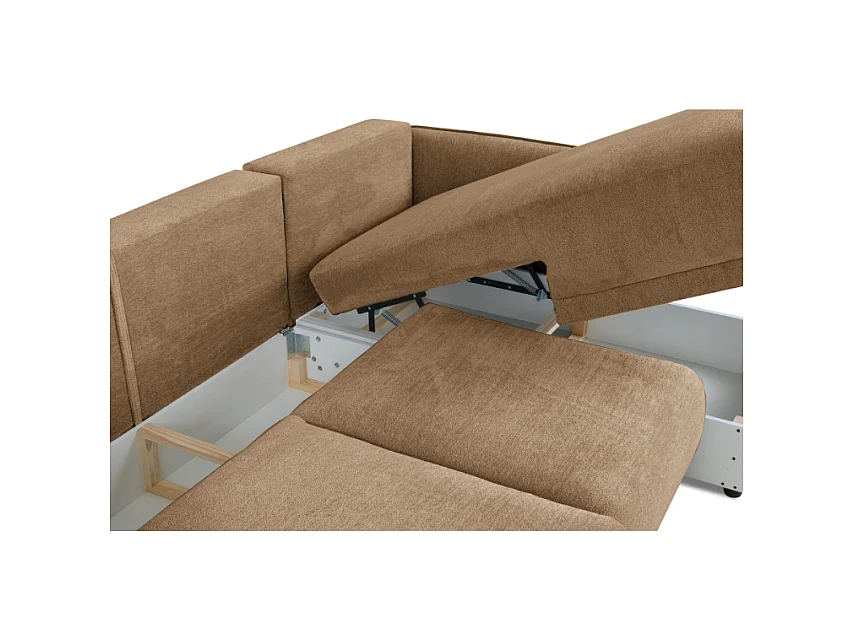 Hoekbank rechts Loren met slaapfunctie 250x150x90 cm – Stof Raven 34 lichtbriun