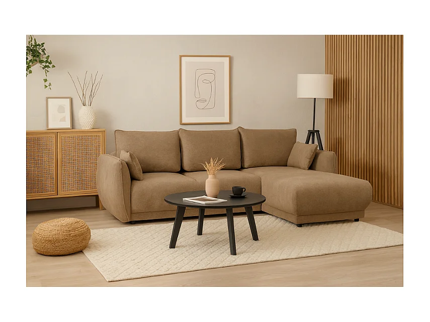 Hoekbank rechts Loren met slaapfunctie 250x150x90 cm – Stof Raven 34 lichtbriun