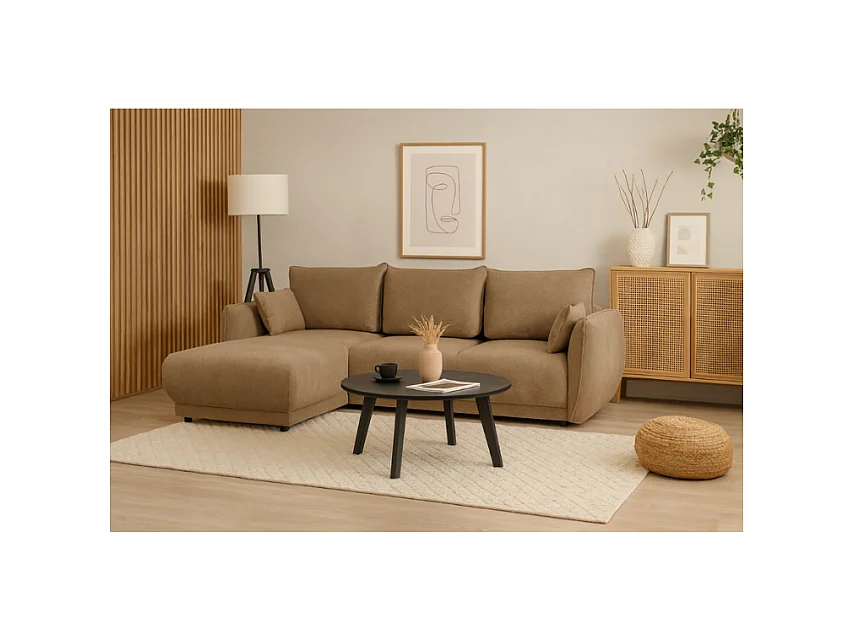 Hoekbank links  Loren met slaapfunctie 250x150x90 cm – Stof Raven 34 lichtbriun