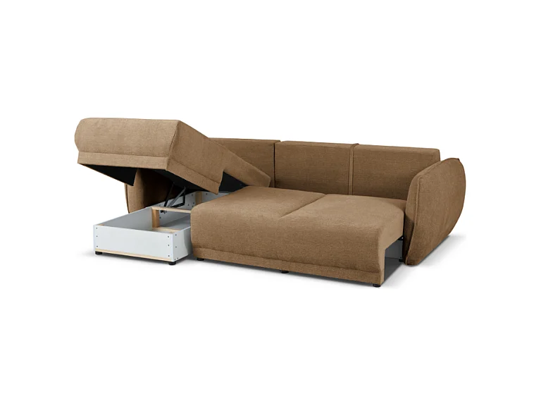 Hoekbank links  Loren met slaapfunctie 250x150x90 cm – Stof Raven 34 lichtbriun