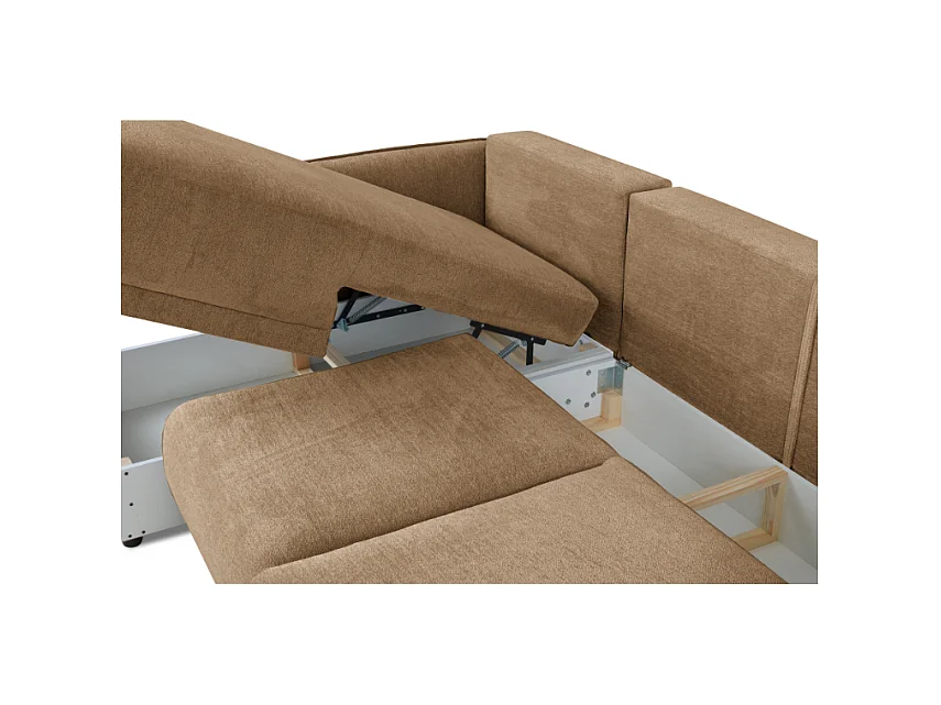 Hoekbank links  Loren met slaapfunctie 250x150x90 cm – Stof Raven 34 lichtbriun