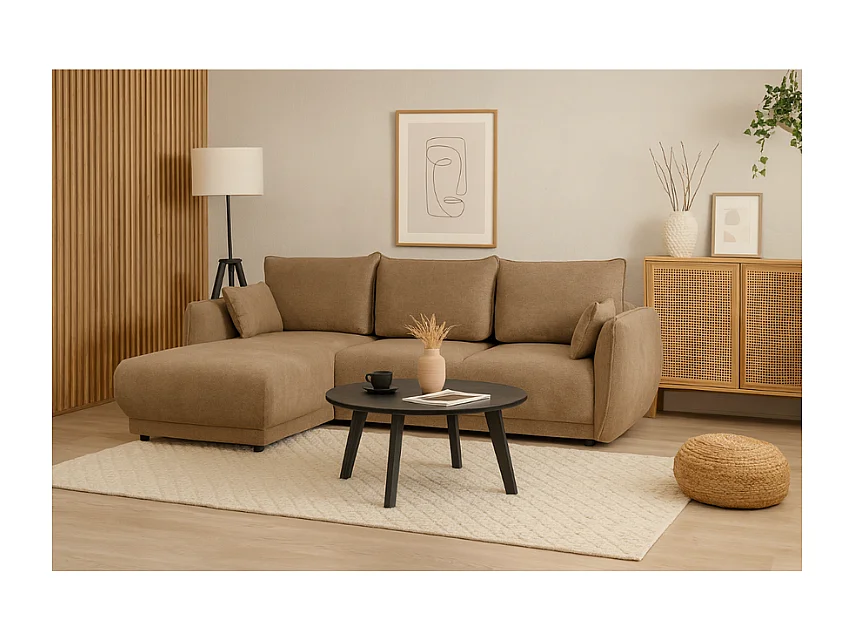 Hoekbank links  Loren met slaapfunctie 250x150x90 cm – Stof Raven 34 lichtbriun