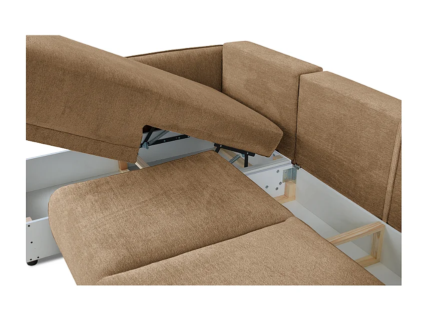 Hoekbank links  Loren met slaapfunctie 250x150x90 cm – Stof Raven 34 lichtbriun