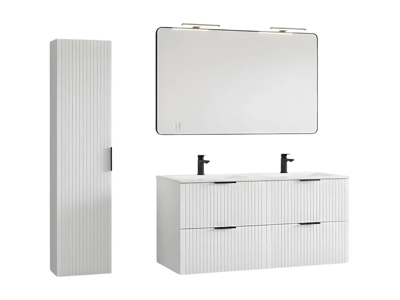 Ensemble de salle de bain NOXERA 120 cm – Meuble sous vasque suspendu blanc alpin avec double vasque encastrée, miroir LED et co