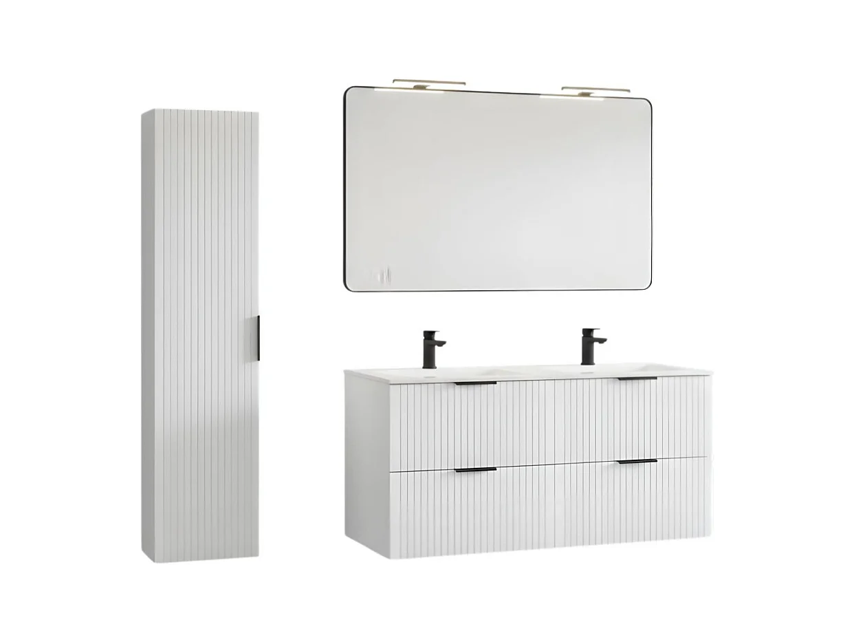 Ensemble de salle de bain NOXERA 120 cm – Meuble sous vasque suspendu blanc alpin avec double vasque encastrée, miroir LED et co