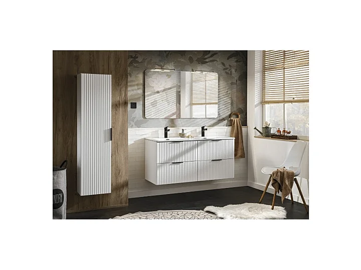 Ensemble de salle de bain NOXERA 120 cm – Meuble sous vasque suspendu blanc alpin avec double vasque encastrée, miroir LED et co