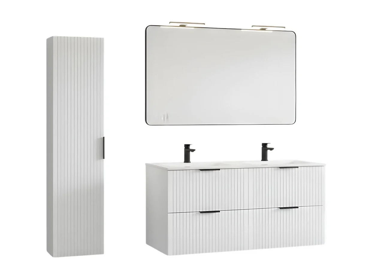 Ensemble de salle de bain NOXERA 120 cm – Meuble sous vasque suspendu blanc alpin avec double vasque encastrée, miroir LED et co