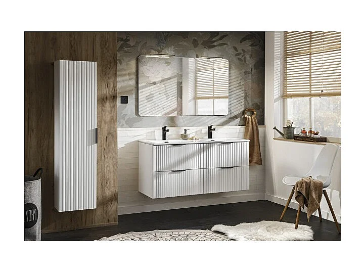 Ensemble de salle de bain NOXERA 120 cm – Meuble sous vasque suspendu blanc alpin avec double vasque encastrée, miroir LED et co