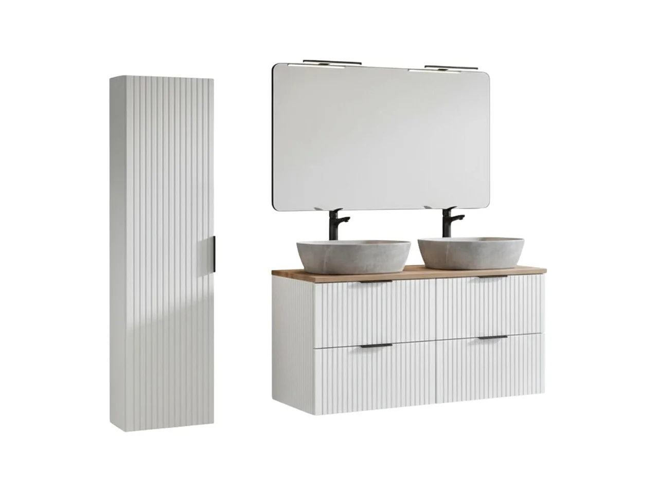 Ensemble de salle de bain NOXERA 120 cm – Blanc alpin et chêne wotan – Double vasque effet pierre, colonne et miroir LED