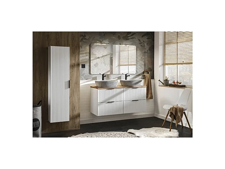 Ensemble de salle de bain NOXERA 120 cm – Blanc alpin et chêne wotan – Double vasque effet pierre, colonne et miroir LED